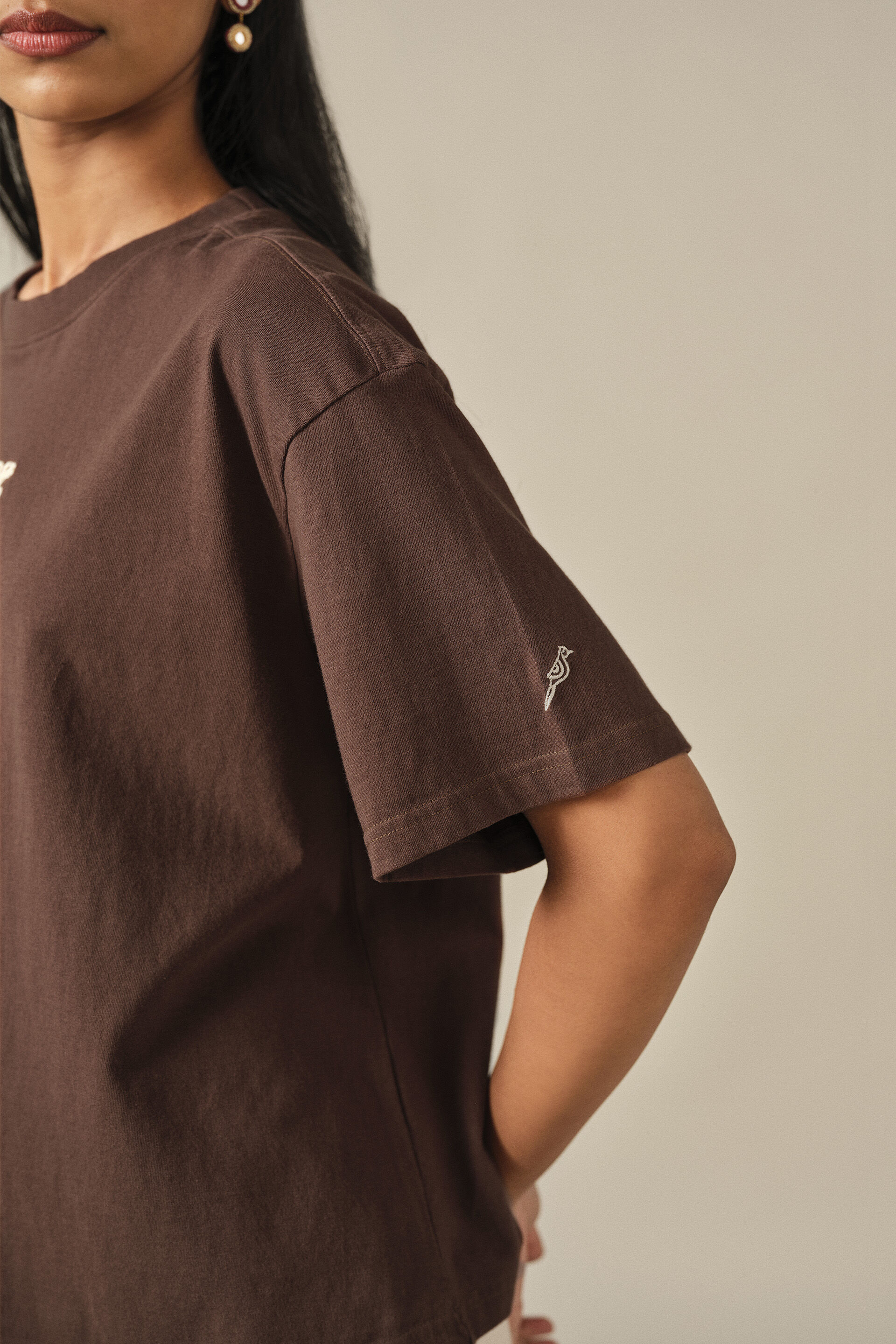 Embroidered Cotton T-shirt in Brown, Brown, image 4